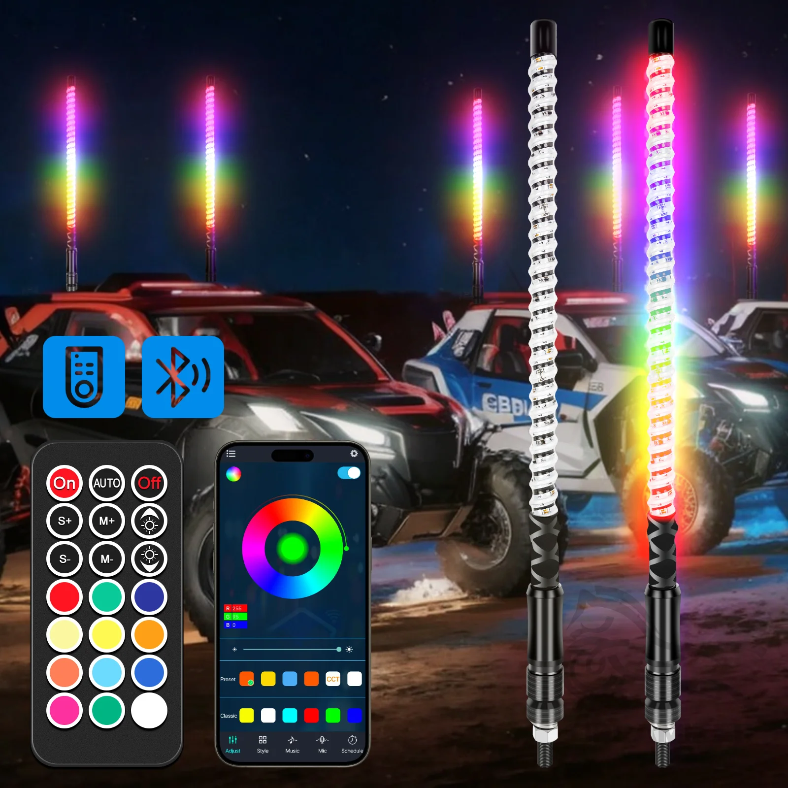 2Pcs 2FT Spiral RGB LED Whip Lights for Side by Side with Wireless Remote APP Control RGB Chasing Lighted Antenna Whips for UTV