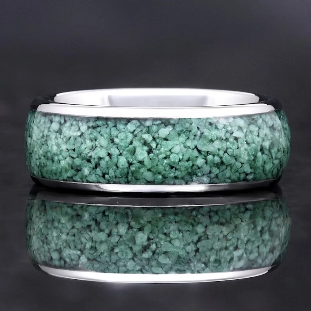 خاتم زفاف من العقيق الأخضر الطحلب، خاتم فضي من التنغستن، خاتم رجل وامرأة 8 مم، مناسب مريح، قبة، تلميع، هدية الذكرى السنوية لعيد الميلاد #2
