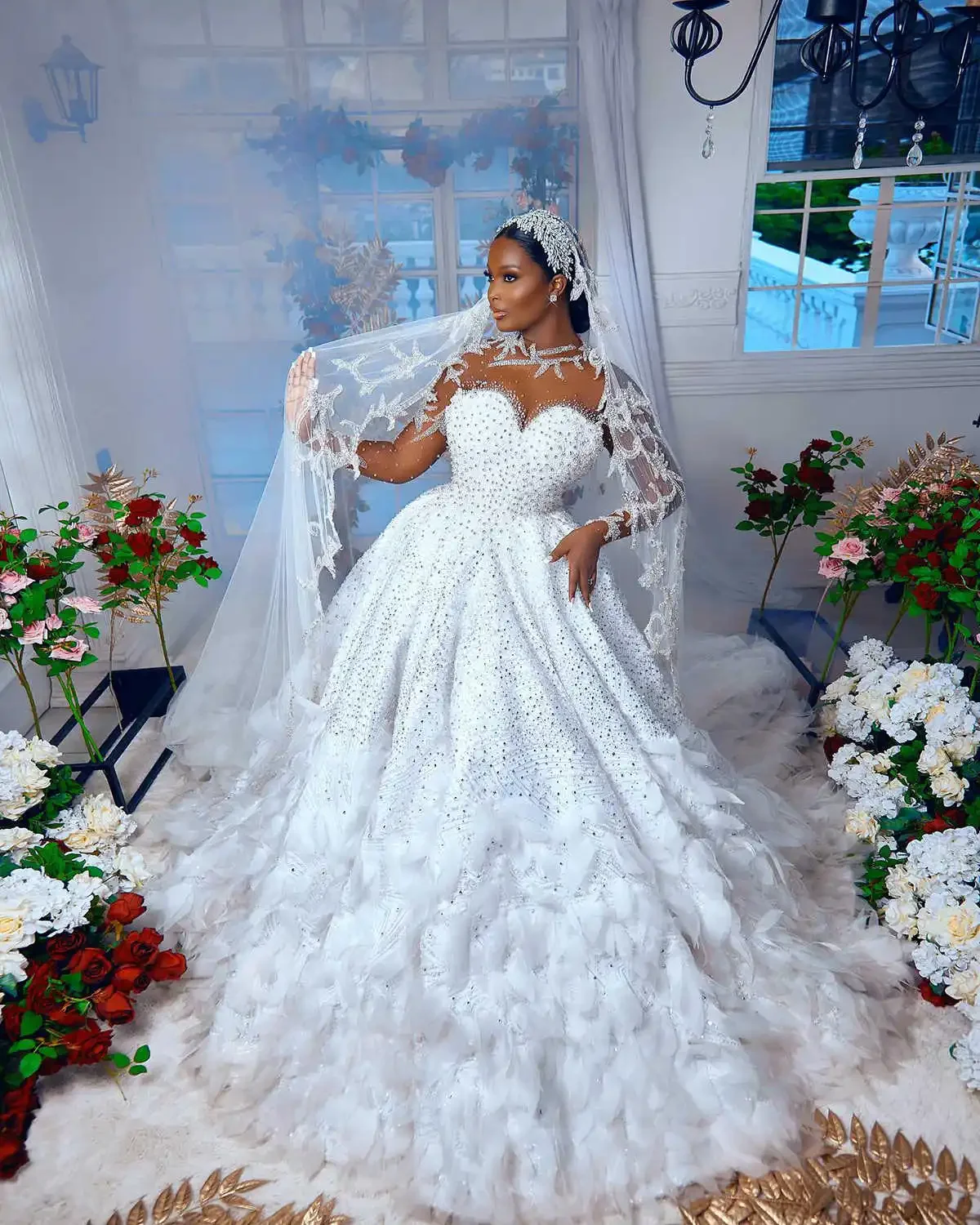 Customized High Collar Sparkly Handwork Crystals  Beads Ballgown Wedding Dress For Bride Full Sleeves Feather Bridal Gowns
