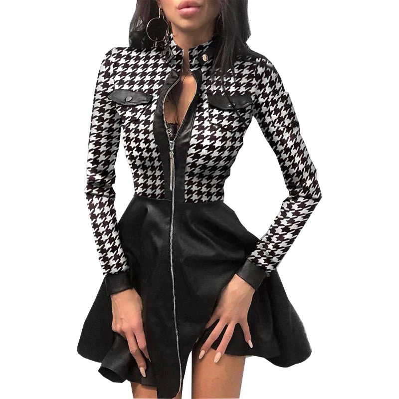 Faionable PU Leather Patchwork Waist Cinched Dr Autumn New Arrival Women's A-Line Dr High Waist Commute Sle Long Sl...