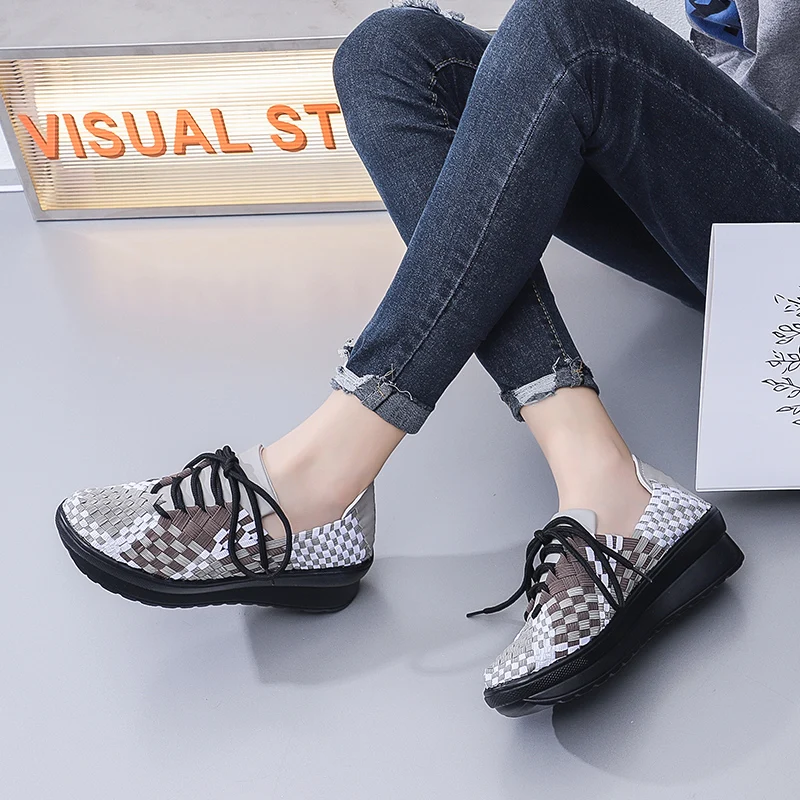 STRONGSHEN Women Platform Handmade Woven Shoes Women Slip on Casual Breathable Shoes Wedge Lace UP Shoes Women Footwear Shoes