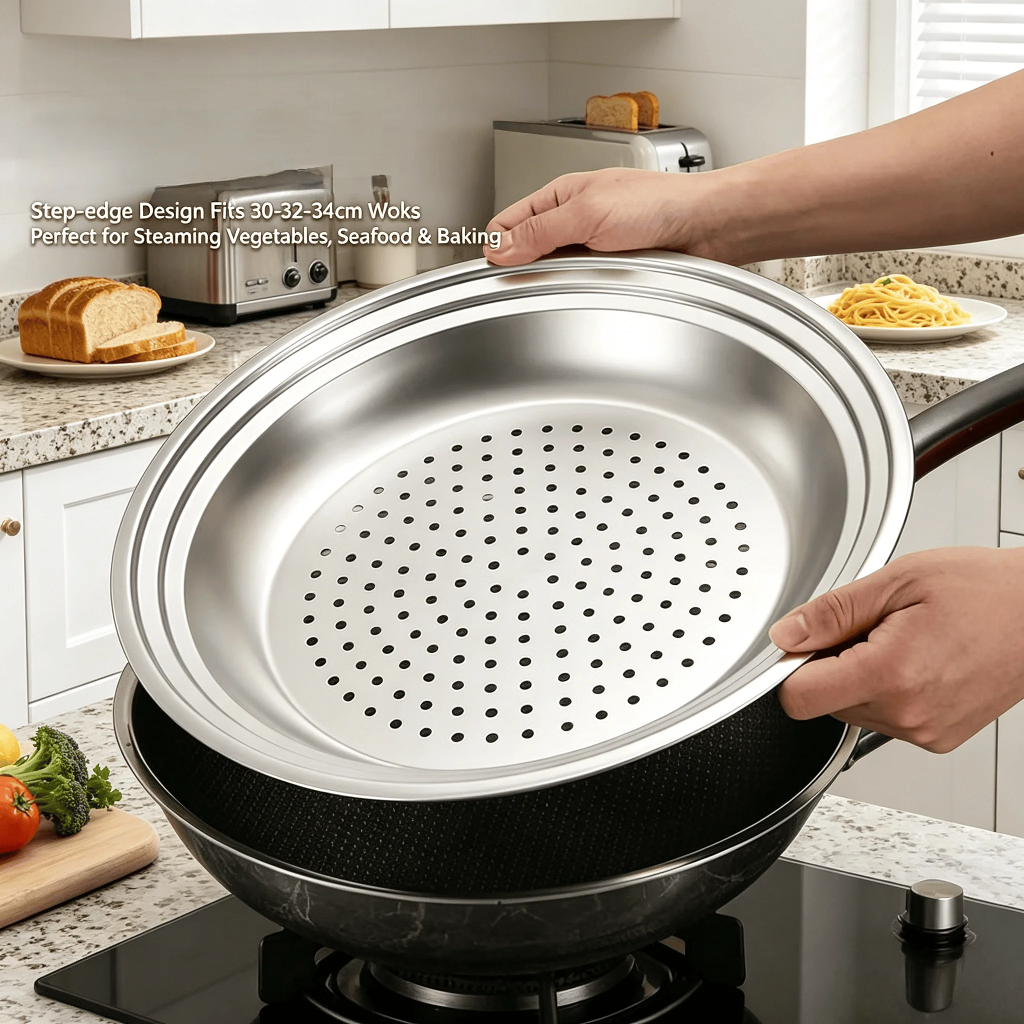 Suitable for Multiple Sizes of Woks, One Steam Tray Can Accommodate 30-32-34 cm Woks, Multifunctional Steam Grid, Universal Fo