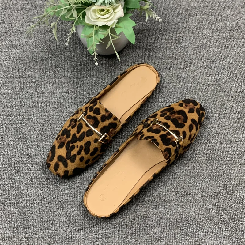 

Women Leopard Brown Retro Slides Square Toe Wide Fits Shoes Flat Heels 32-45 Slippers American And European Style Free Shipping