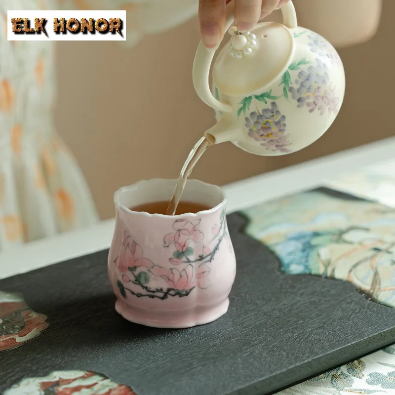 150ml Pure Hand-painted Peach Blossom Cola Mug Bubble Teacup Cold Hot Water Jug Hand Warmer Mug Office Water Cup Cafes Craft