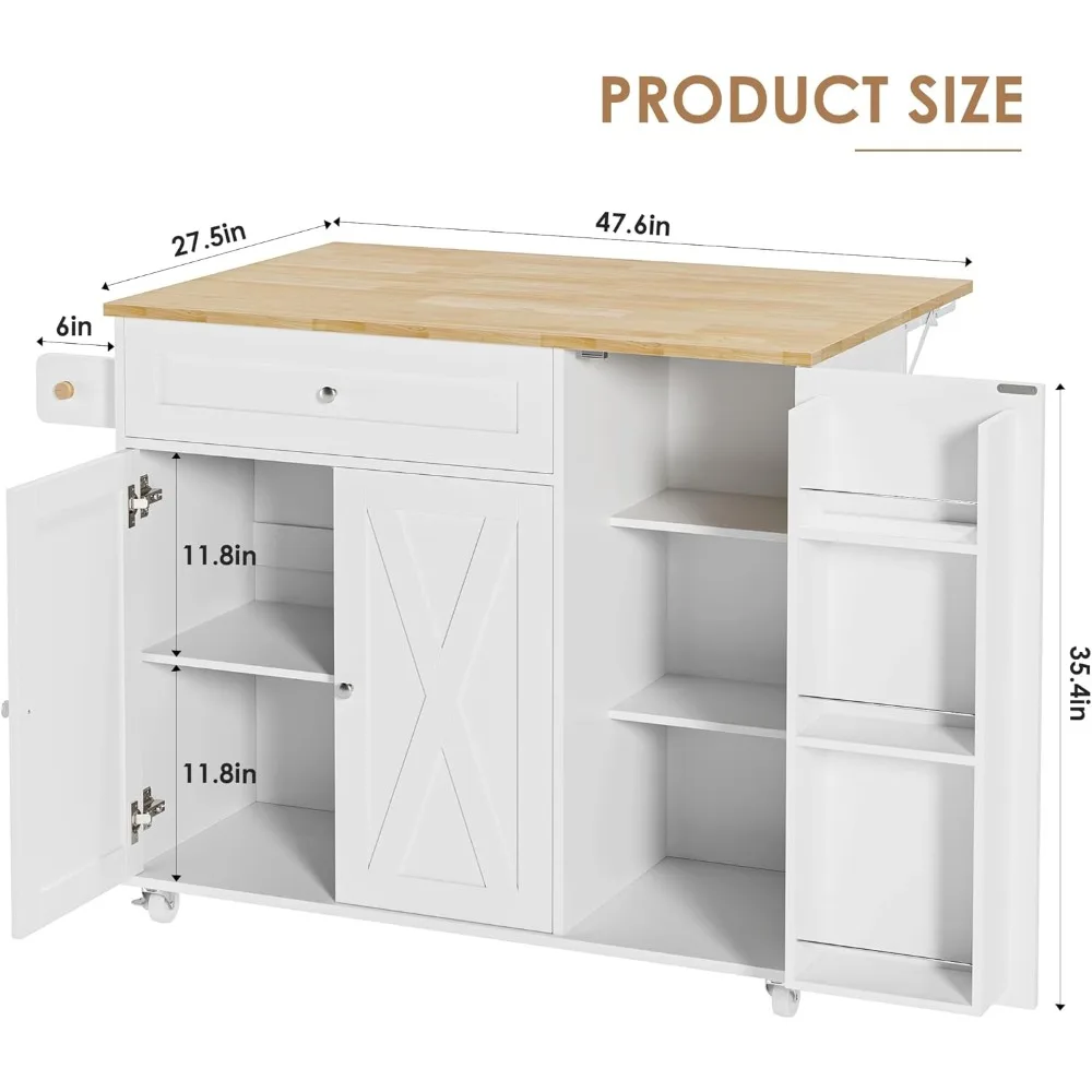 Kitchen Island with Storage, Island Table on Wheels with Drop Leaf, Spice Rack, Drawer, Towel Rack, Rolling Kitchen Island Cart