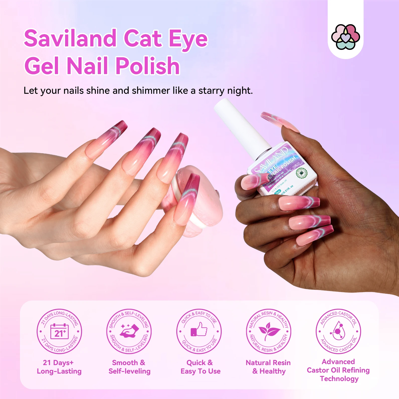 ยาทาเล็บเจล SAVILAND 15 มล. สีม่วงกลิตเตอร์แบบแม่เหล็กสะท้อนแสง พร้อมน้ำมันละหุ่ง สำหรับทำเล็บเองที่บ้านหรือร้านเสริมสวย