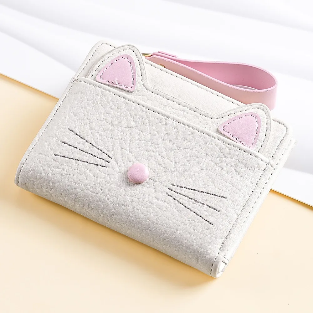 Cute Cartoon Cat Wallet Multicolor Pu Leather Card Bag Compact Size Zipper Closure Short Wallet For Ladies
