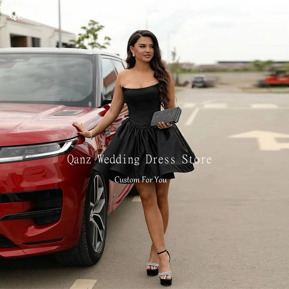 Qanz-Vestidos De graduación clásicos para Mujer, traje corto De una línea, De satén negro, con corsé sin tirantes en la espalda, Vestidos De regreso A casa