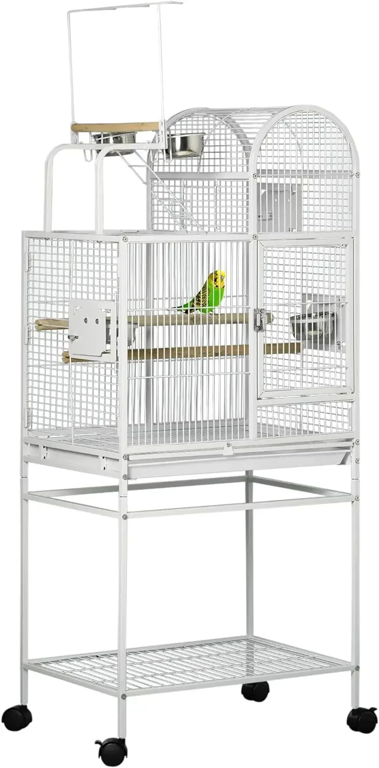 

55" Large Parrot Cage with Toy Hooks Above Top Bird Perch, Tray, Food Cups, Rolling Stand, Bird Cage for Cockatiels, Parakeets