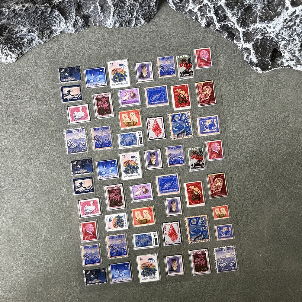 Vintage Postage Stamp Stickers Sheet Transparent PET Adhesive Labels For Scrapbooking Journaling Diary Decoration Supplies