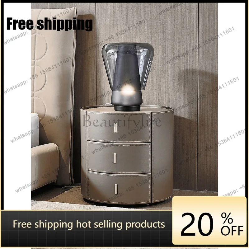 hot  saddle leather three-pump bedside table, Italian minimalist color leather finish round bedside tableFactory Direct