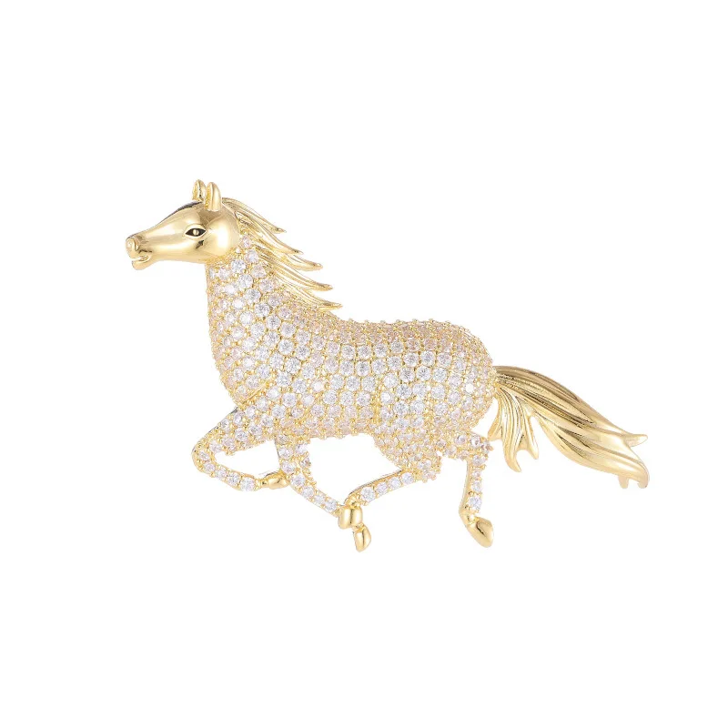 18K Gold Plated Micro-Pavé Rhinestone Horse Pin Unisex Equestrian Elegant Animal Brooch for Blazer Lapel Jewelry Gift Wholesale