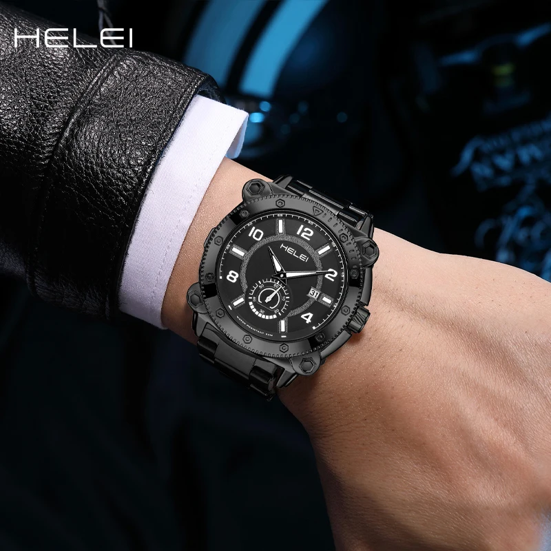 Helei Luxus Herren uhr Edelstahl Sport leuchtende Mode Quarz Herrenmode Quarzuhr wasserdicht leuchtend