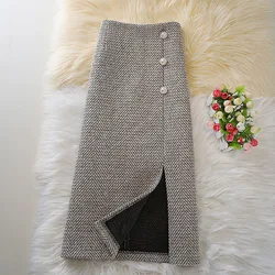 New Autumn and Winter Fashion Retro Twill Woolen High Waist Versatile Western Style Slim Mid Length Split Half Body Wrap Skirt