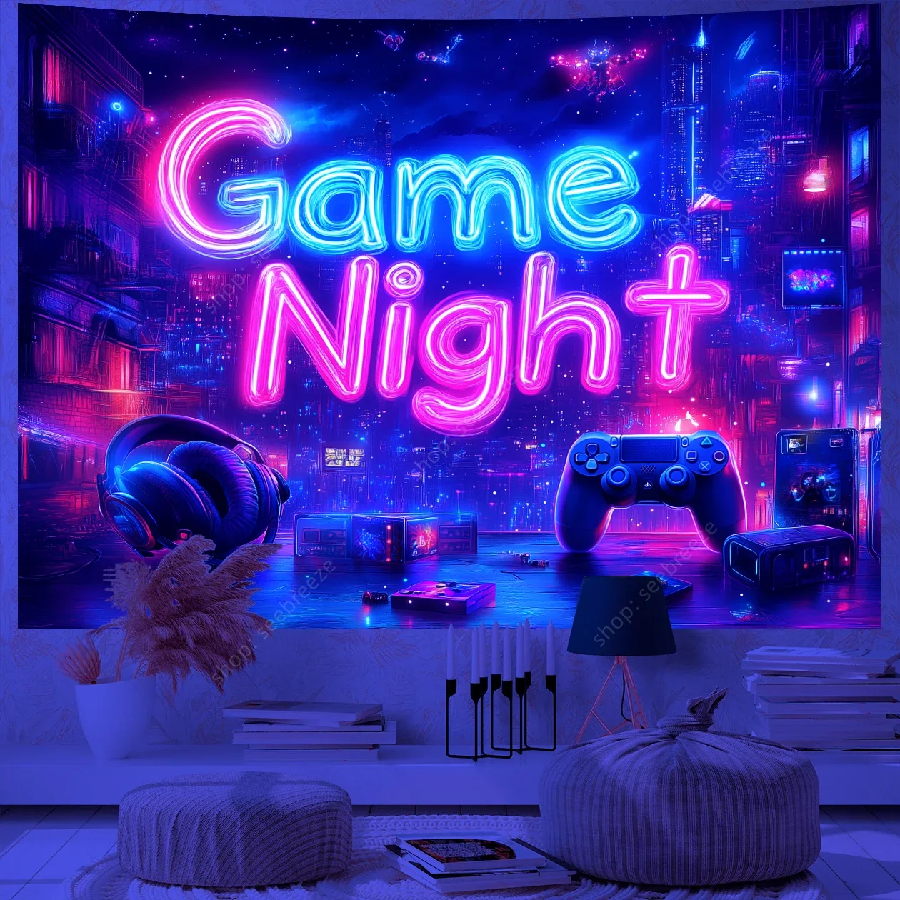 Game Over Game Zone UV Reactive Tapestry E-Sports Room Game Controller Tapestry Wall Hanging Neon Backdrop Dorm Bedroom Decor