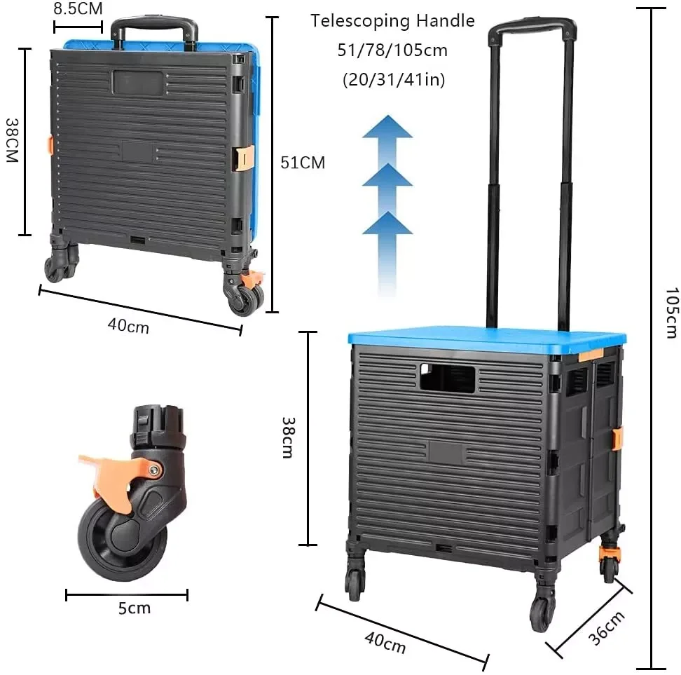 SELORSS Foldable Utility Cart Folding Portable Rolling Crate Handcart Heavy Duty Telescoping Handle Collapsible 4 Rotate Wheels