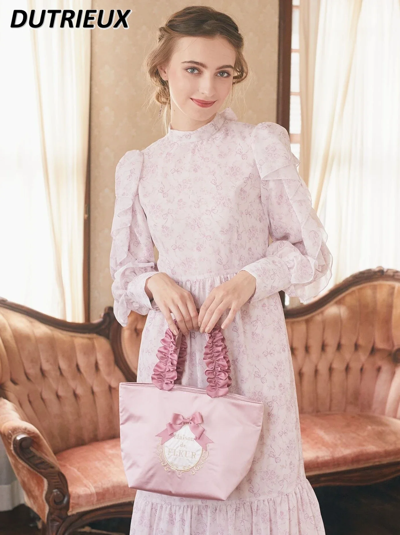 Sweet Cute Ladies' Bags Japanese Style Pink Bow Pleated Handle One Shoulder Bag Female Spring Autumn 2024 New Women's Handbags