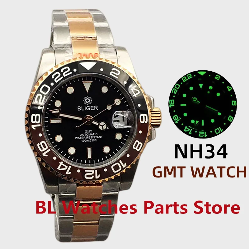 BLIGER 40mm Rose Gold NH34 GMT Men Watch Mechanical Wristwatch Sapphire Glass Luminous Ceramic Bezel Waterproof Reloj Hombre