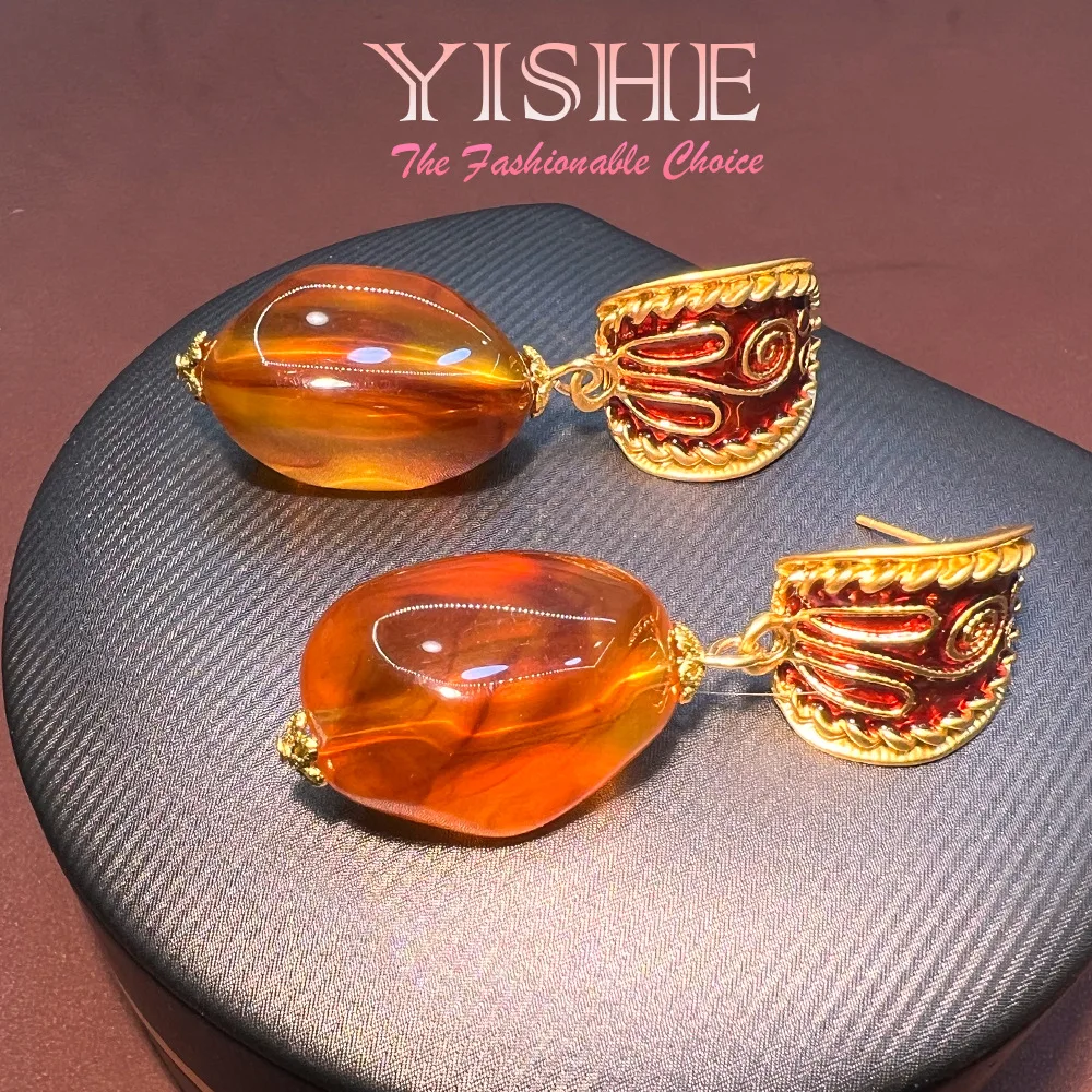 New Chinese amber glass earrings vintage court style elegant S925 silver plated real gold high sense earrings batch