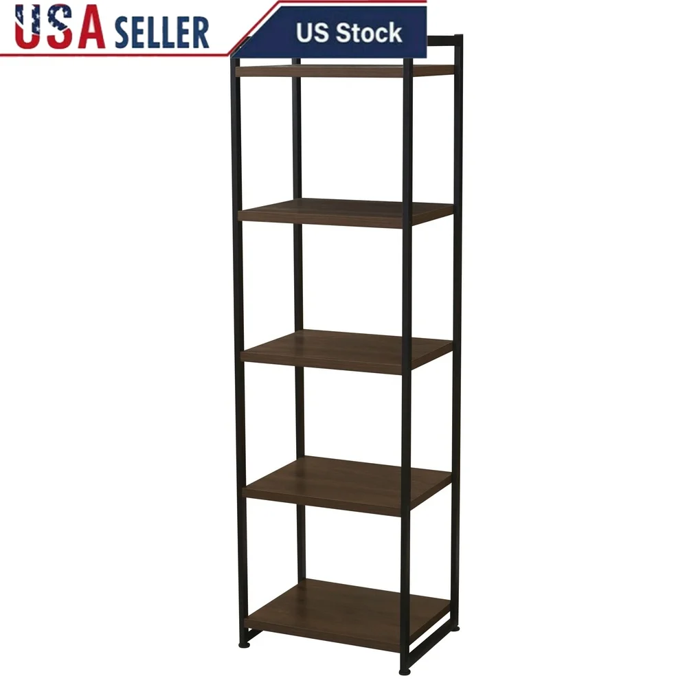

Narrow 5 Shelf Tower Bookshelf Modern Industrial Storage Books Plants Decorative Items in Small Spaces