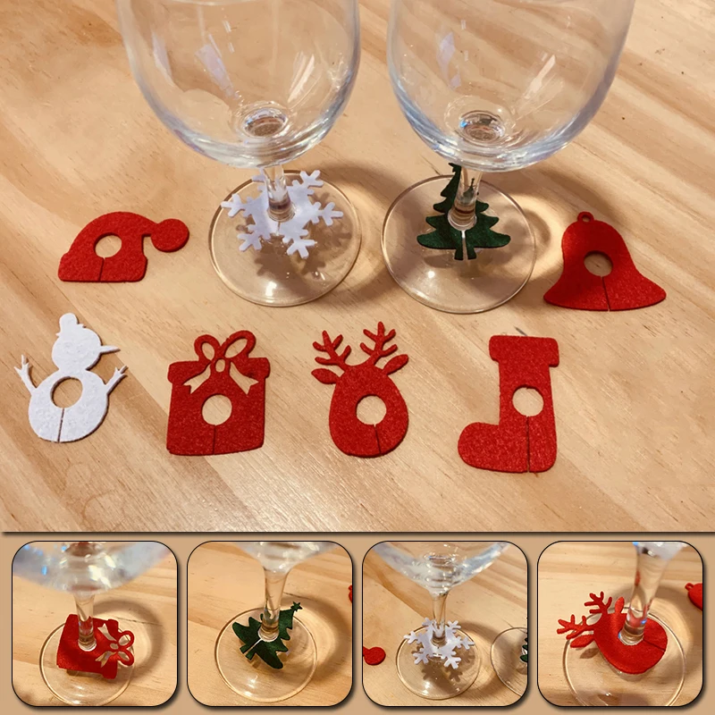 6pcs Christmas Wine Glass Decoration Felt Snowflake Xmas tree Charms Ornaments for Goblet Tags Buckle Cup Ring Party Home Decor