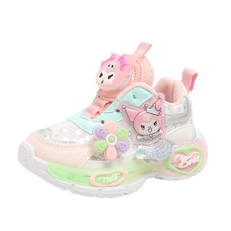 Kuromi LED Shoes Sanrio Kids Luminous Shoes Kawaii Kuromi Tennis Shoes Girls Casual Sneakers Lighted Rotating Button Shoes