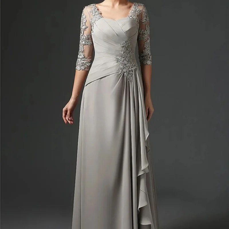 Elegant Chiffon One-Line Neckline Seven-Point Sleeve Floor-Length Decal Embellish Evening Dress Custom Bridal Mom Dress