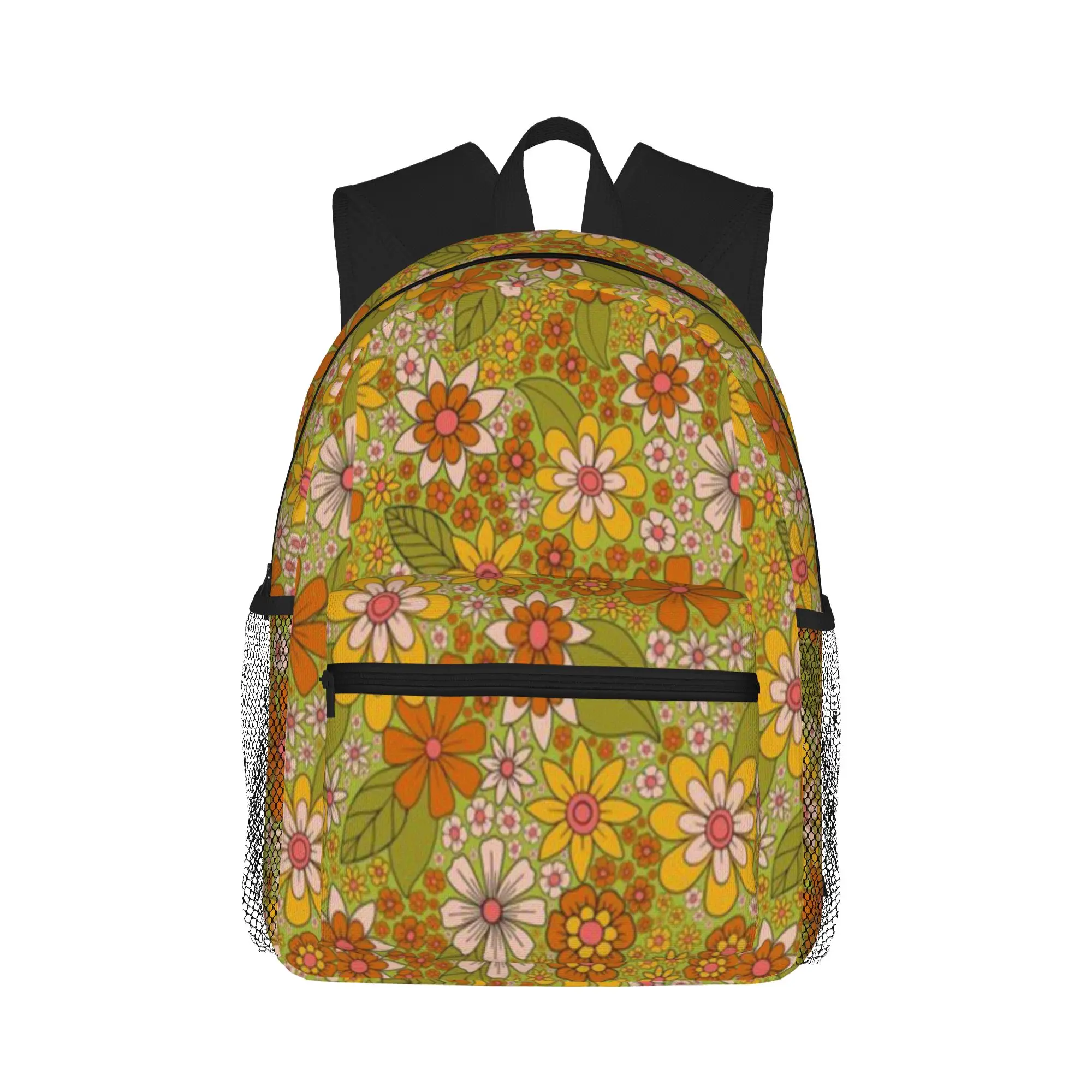 

1960s 1970s Retro Floral in Green Pink Orange - Flower Power Casual Backpack for Students and Adults Bags