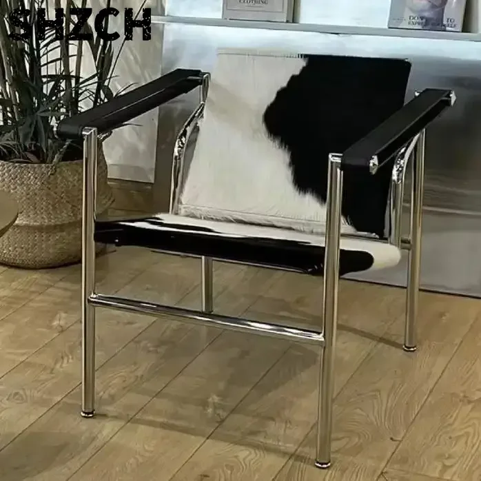 Single Leather Stainless Steel Leisure Chair, Living Room Balcony Study Swivel Chair, Business Meeting and Negotiation Chair