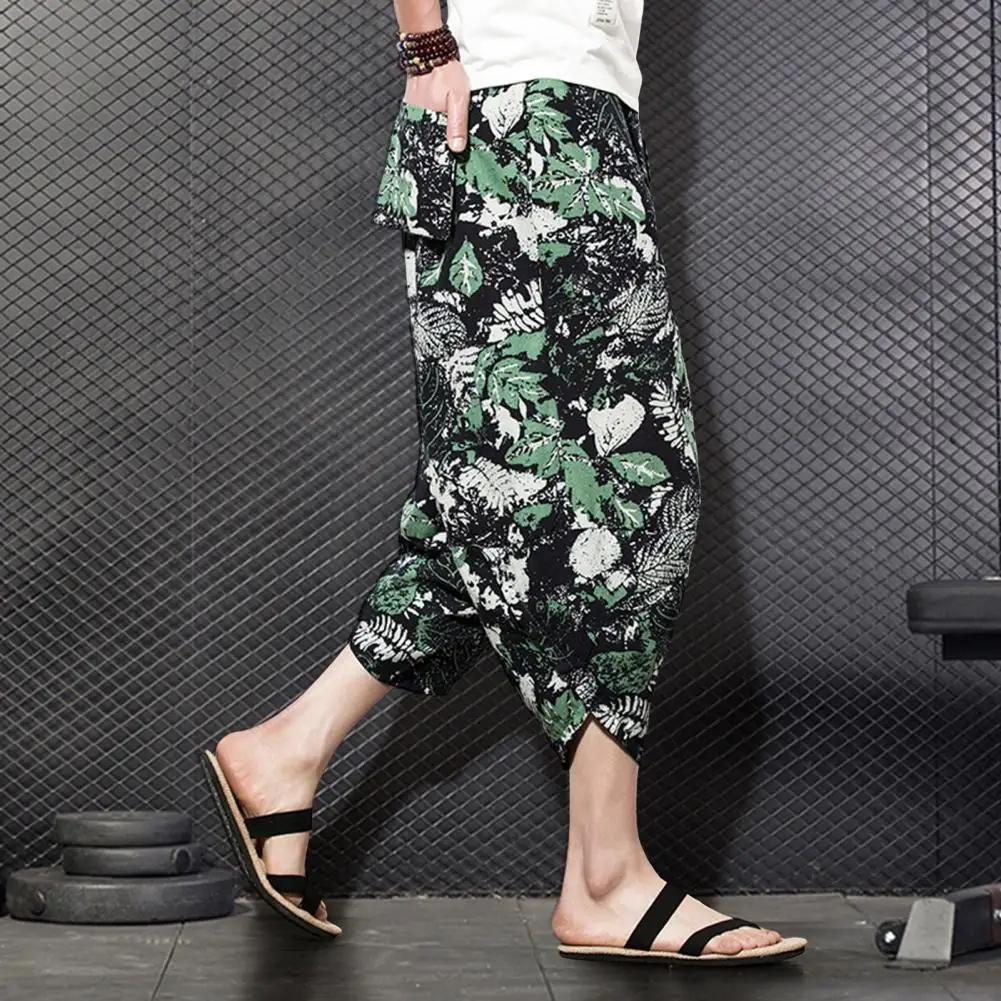 Printed Design Trousers Stylish Men's Printed Cropped Pants with Elastic Waist Deep Crotch Mid-calf Length Thin for Casual