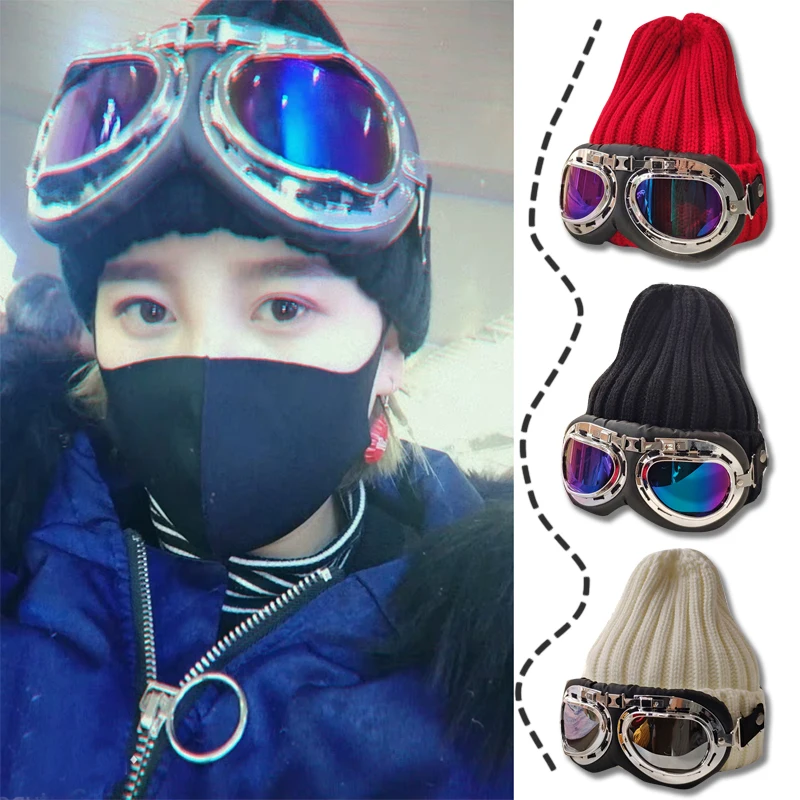 Parent-Child Pilot Hat Boys Girls Ski Caps with Sunglasses Autumn Winter Adjustable  Girls Winter Hats Children's Knitted Hats