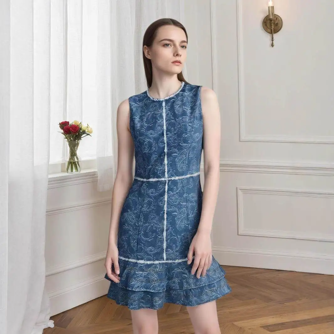 

Fashionable Cross-Border Women's Denim Dress Sleeveless Design Blue White Print Simple Denim Blue Dress Elegant mid Waist A-L...