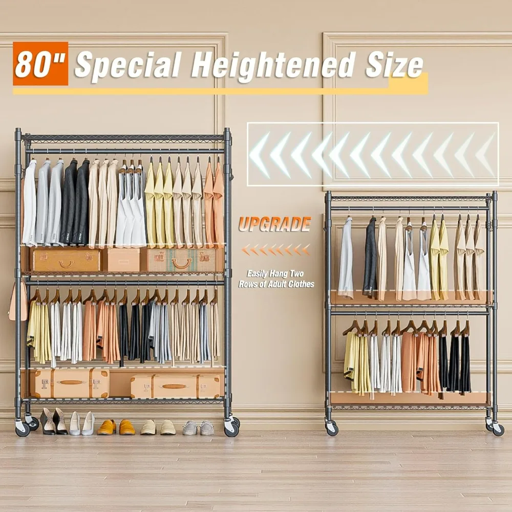 Heavy Duty Rolling Clothing Rack, Adjustable Garment Rack with 3 Tier Shelves, Freestanding Closet Wardrobe for Hanging Clothes