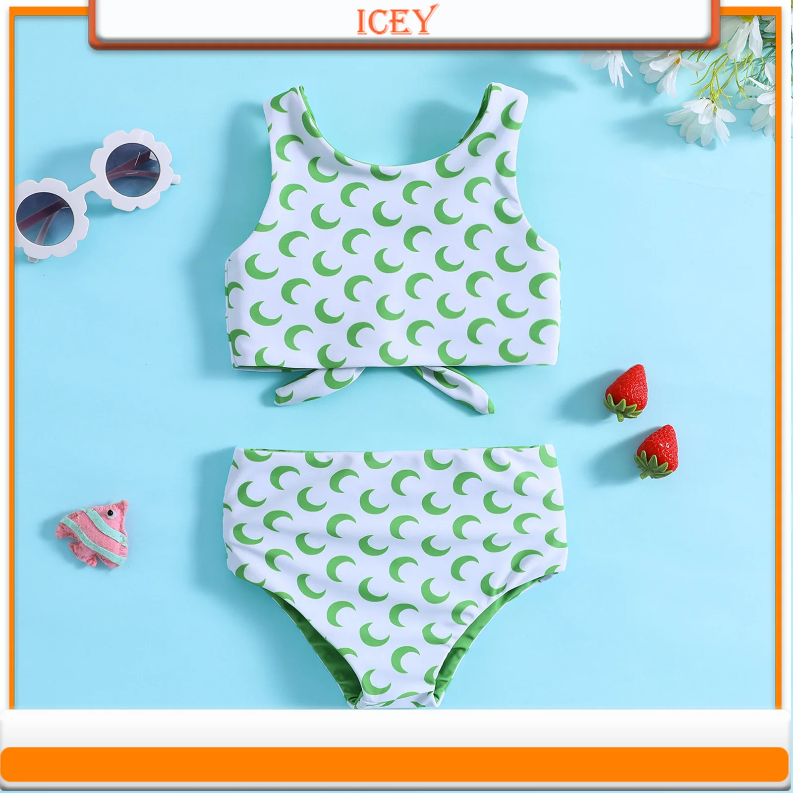 Girls and baby girls wearing cute flower print 2-piece bikini swimsuit set on both sides Two-Piece Suits