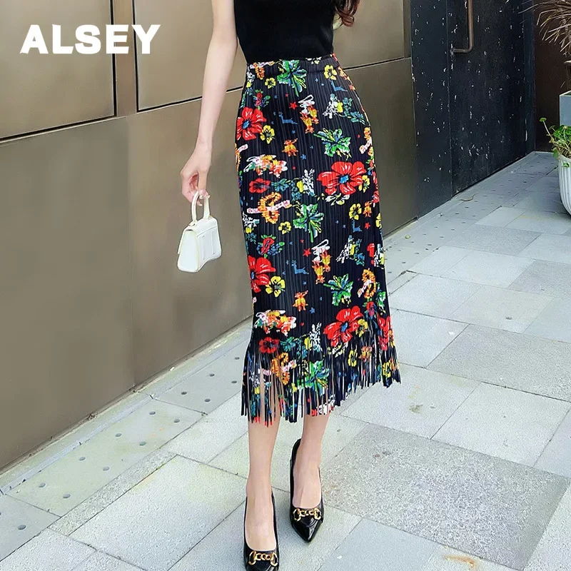 

ALSEY Miyake Pleated Printed Fringe Half Skirtfor Women's Summer New Casual Simple Printed Streetwear Simple Half Skirt