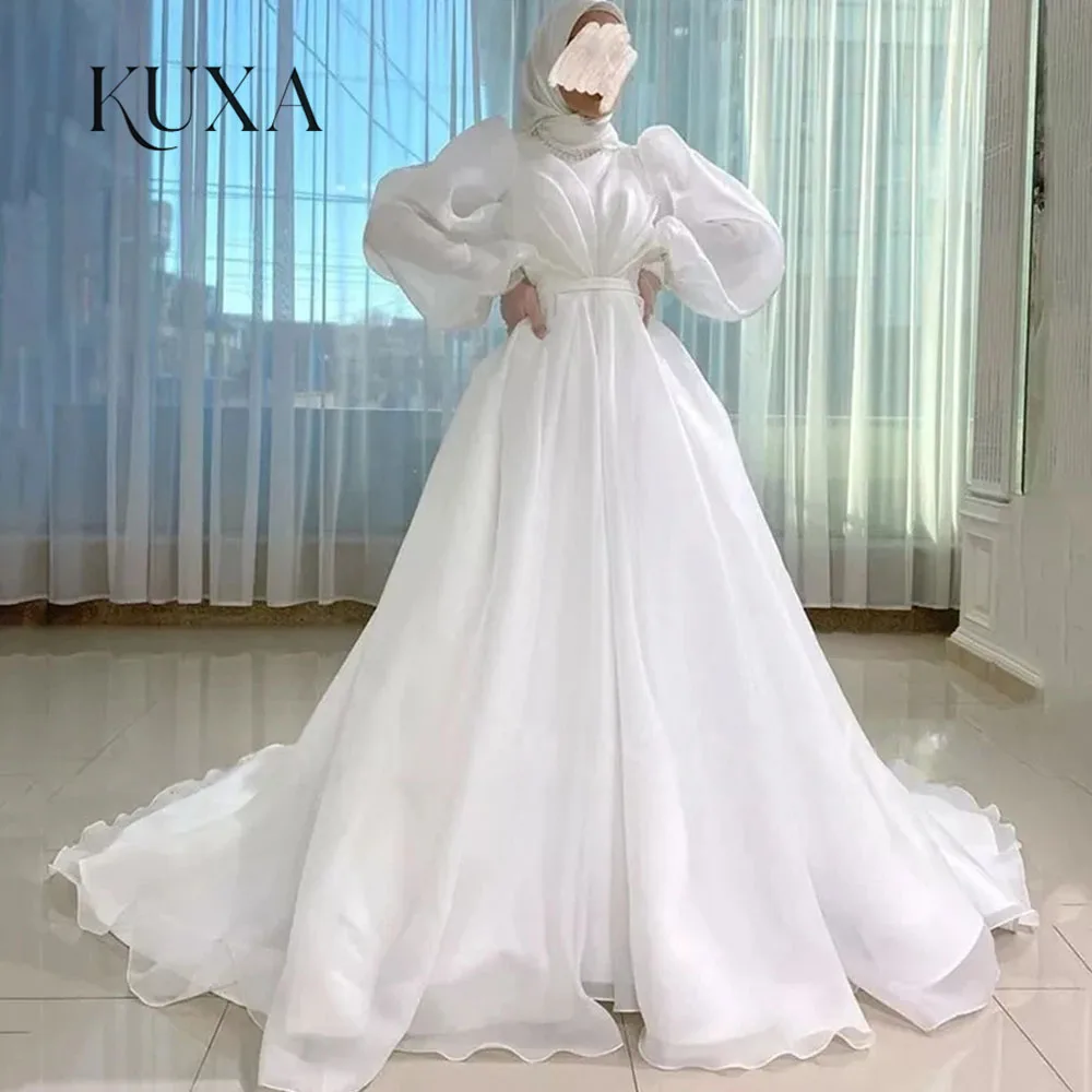 KUXA Customized Elegant Muslim A-Line Wedding Dresses Dubai Kuwait Modest Full Sleeves Floor-Length Pleats Bridal Gowns 2026