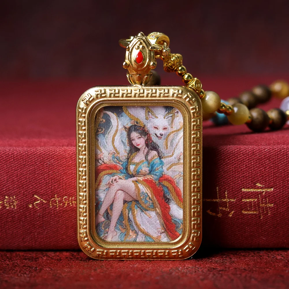 

Hand-painted gold nine-tailed fox thangka plating pendant tiger's eye stone butter incense wood necklace