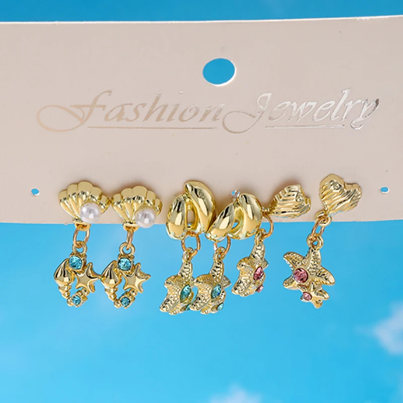 Modische Kristall-Seestern-Muschel-Ohrstecker für Frauen und Mädchen, Sommer-Strand-Urlaubsschmuck Geschenke – Detail 1