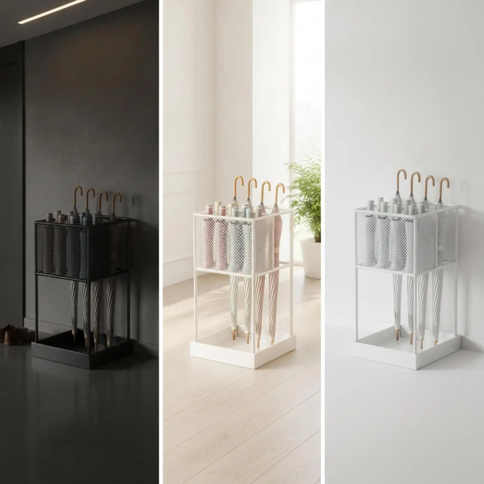 Functional Umbrella Storage Rack with Water Collection Tray and Open Mesh Design for Compact Hallway Rain Gear Organization