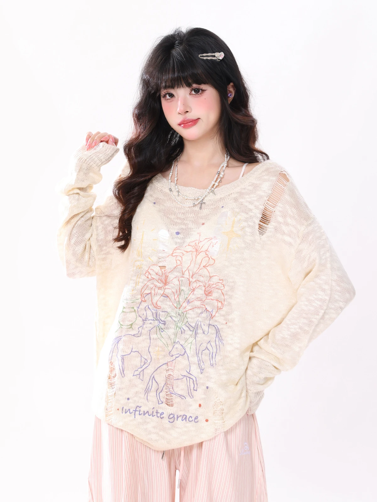 

ENJOG Artistic Women's Knitted Long Sleeve Top Hollow out Casual Loose Style Spring Summer Print Design Comfortable Cover up