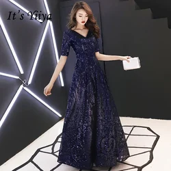 It's Yiiya Customized Evening Dresses V-neck Sparkling Navy Blue Sequins Robe De Soiree Short Sleeve Elegant Long Evening Dress