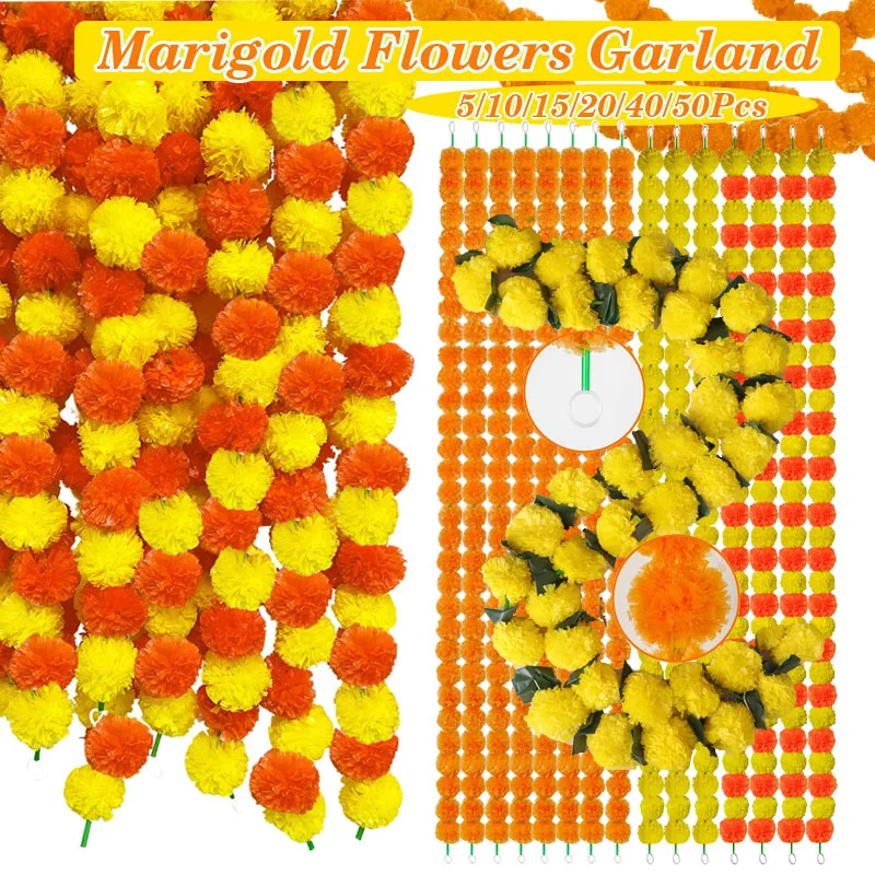Guirnaldas de caléndula naranja para decoraciones Ofrenda, guirnalda del Día de los muertos, decoración india para boda, decoración Diwali para el hogar, 5-50 Uds.