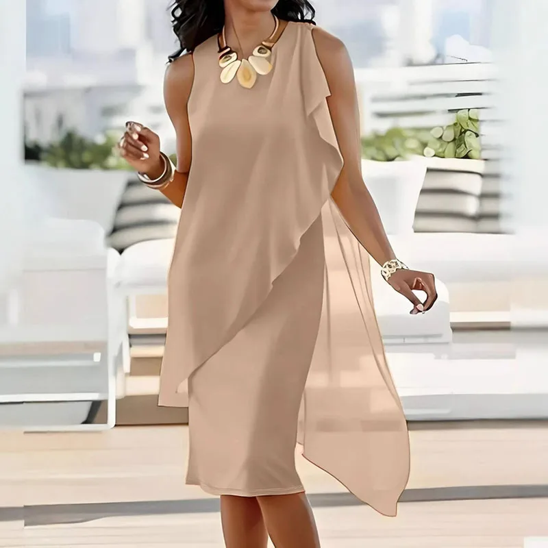 Elegante irregular retalhos chiffon vestido da mulher verão o pescoço sem mangas senhora do escritório vestido casual magro sólido em camadas vestido longo