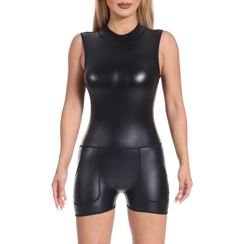 Women Shaper One Piece Sleeveless Back Zip Bodysuit Lady Jumpsuits Rompers Playsuits Tank Top Faux Leather Shapewear with Pocket