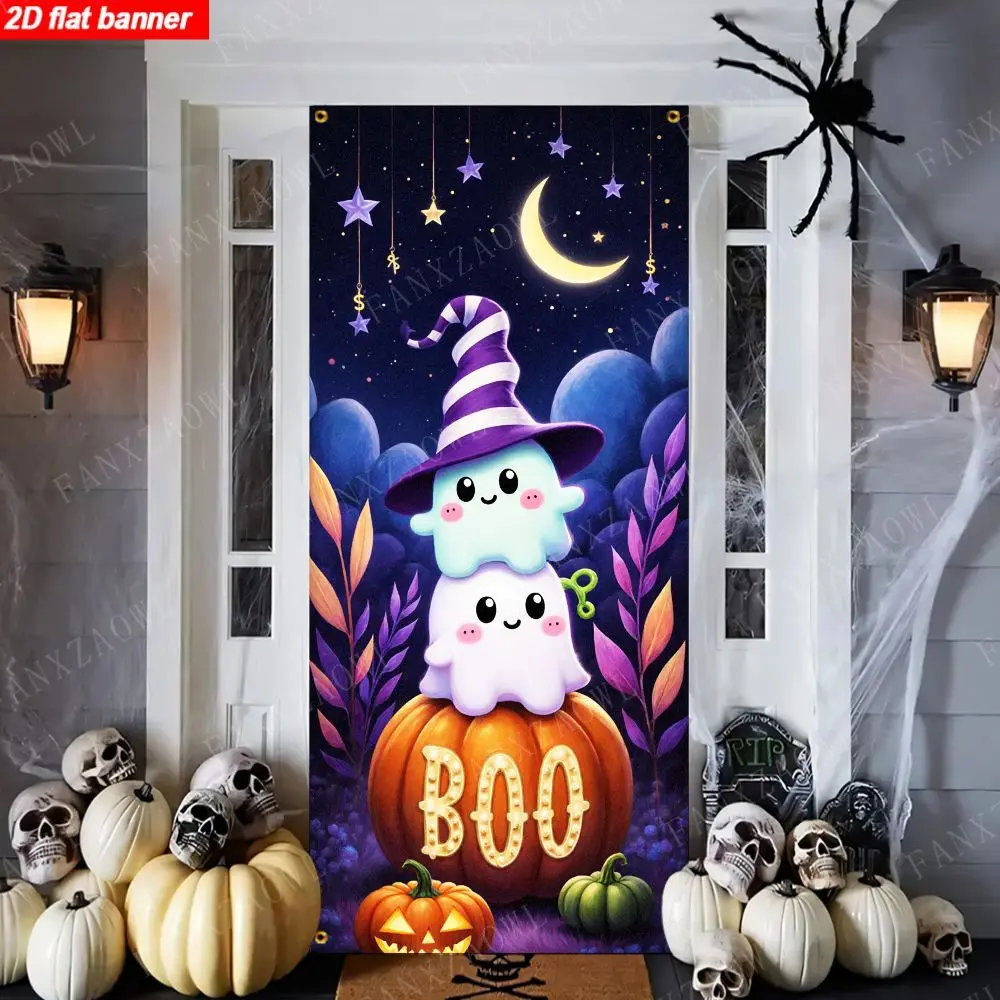 2D Flat Halloween Backdrop White Moon Theme With Two White Ghosts Orange Scarf Jack‑o‑lantern Colorful Candies Pattern Photo Bac