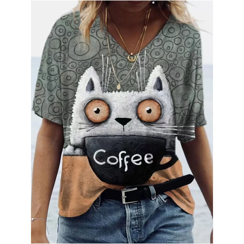 Retro Anime Kitten Women\'s T-shirt Harajuku Girl Clothes V-neck Cotton Short Sleeve Tees 2023 Fashion Streetwear 3D Print Blouse