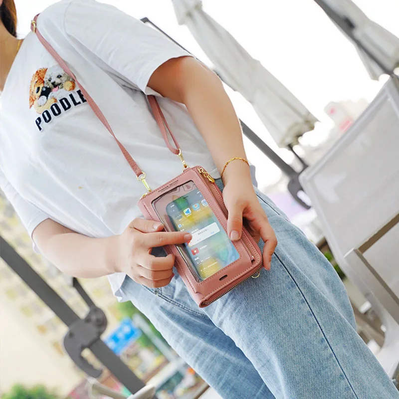 Buylor Charging Hole Touch Screen Phone Bag Women Soft Leather Simple Shoulder Bag Fashion Crossbody Bag Transparent Mini Wallet