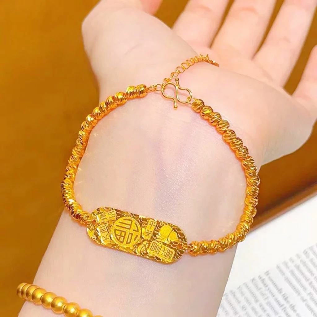 

Lucky Word Ice-Cut Faceted Bead Bracelet Women 24K Gold AU999 - Rich gold, brilliant shine, exquisite characters