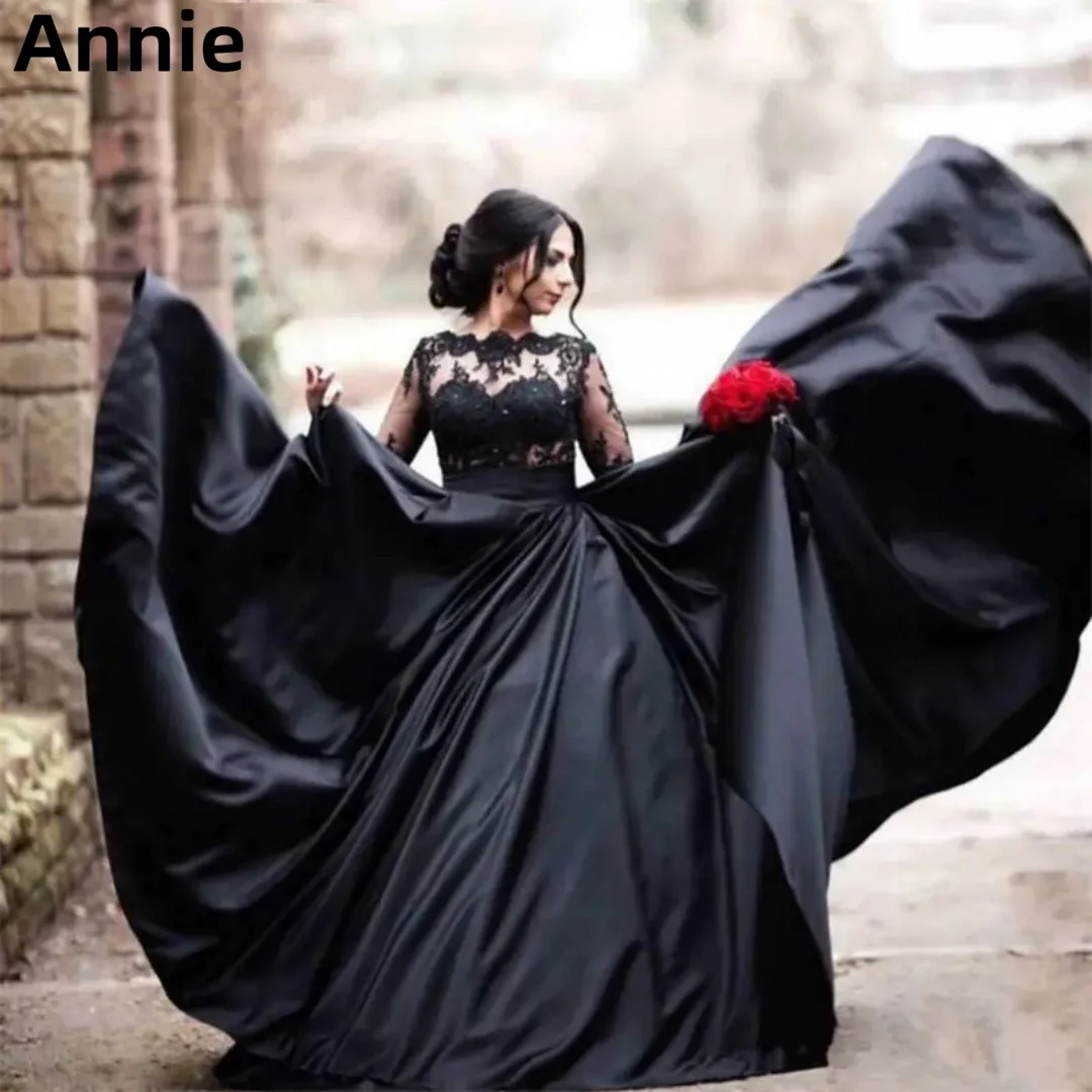 

Annie Black Lace Satin Evening Dress Long Sleeve A-line Prom Dresses فساتين السهرة Gothic Wedding Dress A-shaped Party Dress