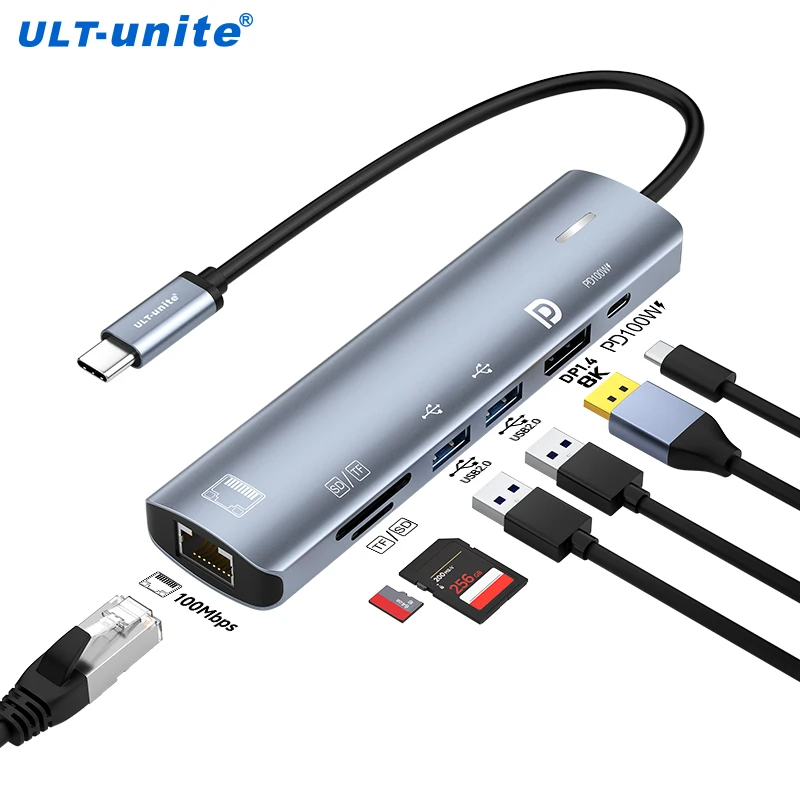 HUB tipo C com Displayport 1.4, PD100W, Ethernet 100Mbps, multiporta SD/TF 7 em 1 USB para adaptador dongle de estação de acoplamento DP